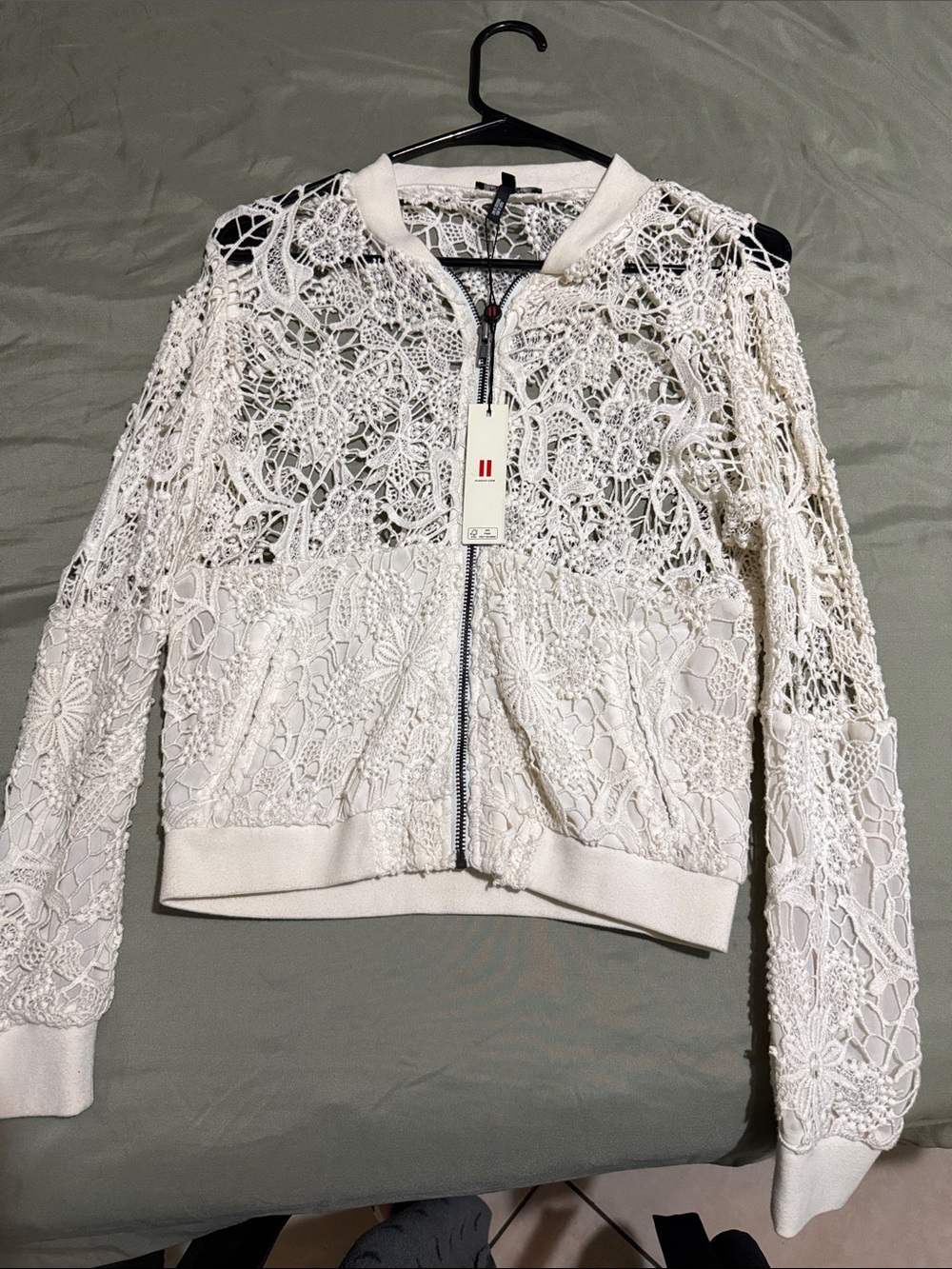 Women's Cream Crochet Lace Bomber Jacket - Lightweight Floral Bomber